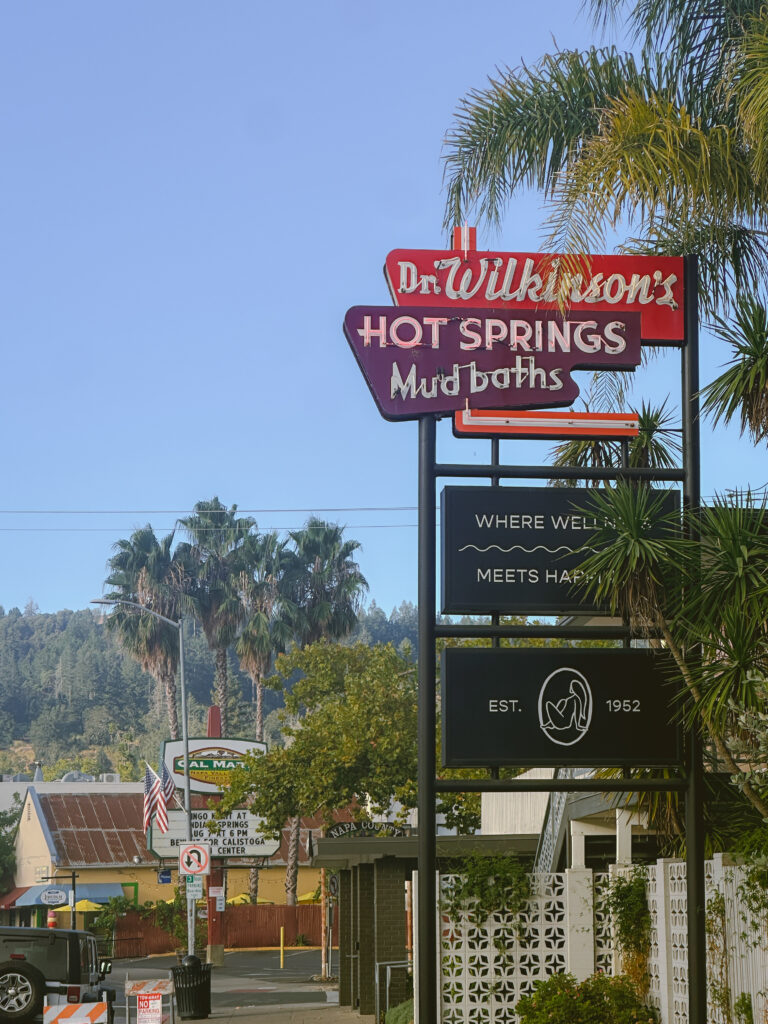 Sign for Dr. Wilkinson's Hot Springs Mud Baths with a red and purple retro sign against a blue sky, palm trees in the background